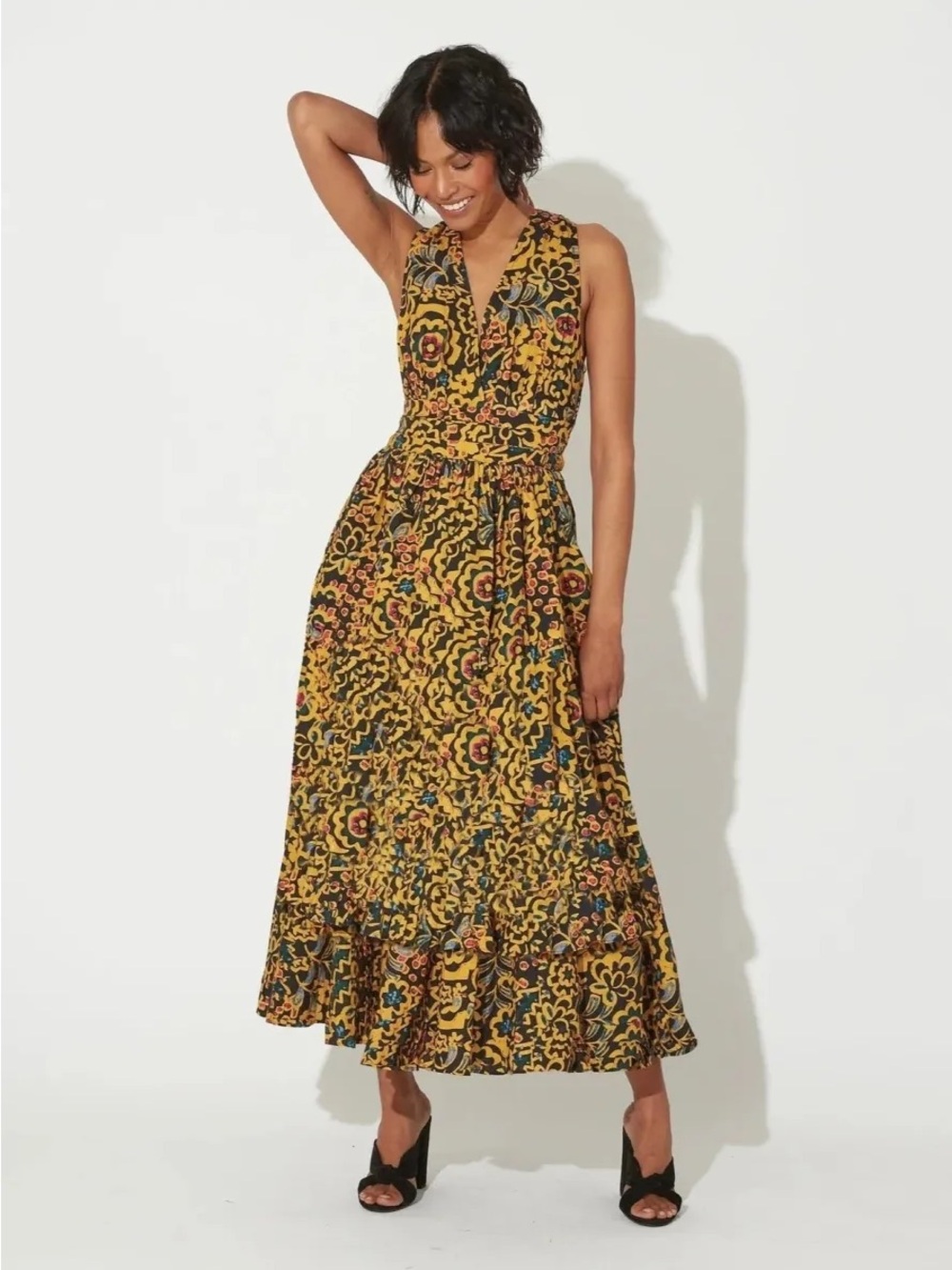 NWT Cleobella Organic Cotton Mustard Floral Sleeveless V-Neck Maxi Dress